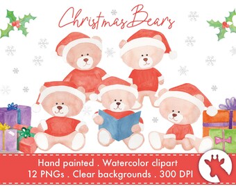 Santa Claus Clipart Christmas Sublimation Designs Christmas Bear Clipart Watercolor Bear Clipart Gift Box clipart Santa Hat Clipart Holly