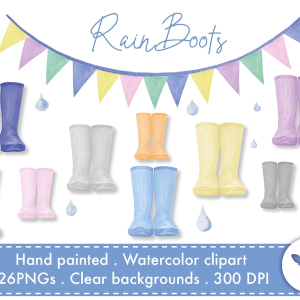 Wellies Rain boots gum boots aquacolor clipart bunting regendruppels. Handgeschilderde bestanden voor direct downloaden met duidelijke achtergronden. 26 x PNG's