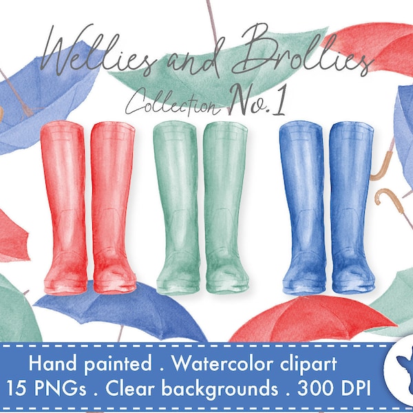 Rain boots Wellies watercolor clipart gum boots umbrellas brollies. Hand painted files for instant download with clear backgrounds. 15 PNGs