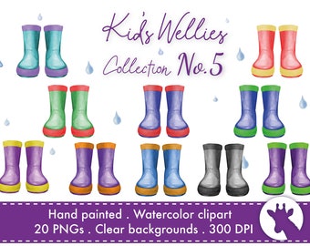 Kid's Wellies gum boots PNG watercolor family clipart and raindrops Hand painted files digital download with clear backgrounds 20x PNG files