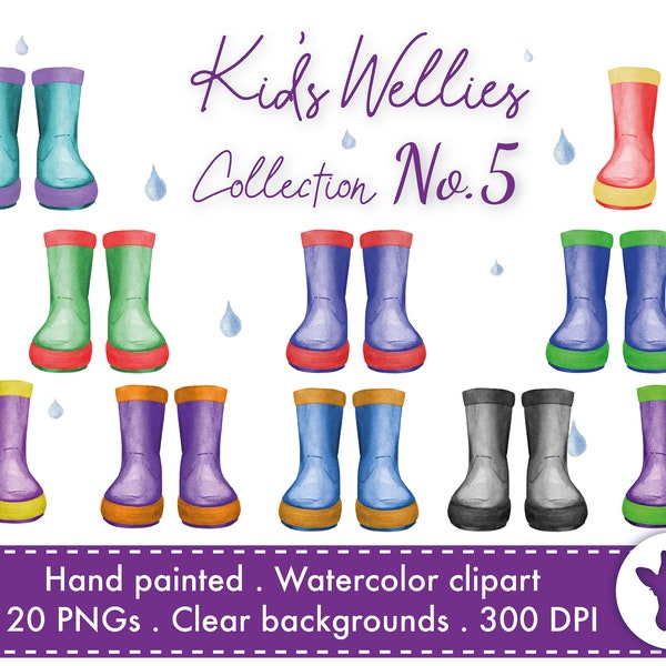 Kid’s Wellies gum boots PNG aquarelle famille clipart et gouttes de pluie Fichiers peints à la main téléchargement numérique avec arrière-plans clairs 20x fichiers PNG