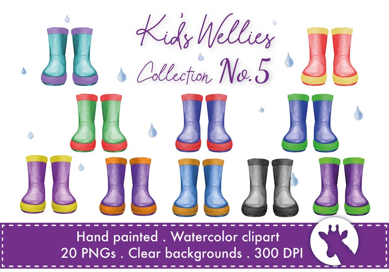 Download Kid's Wellies gum boots watercolor clipart and raindrops ...