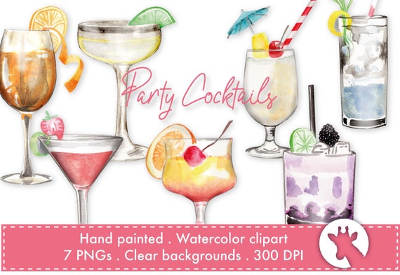Cocktail Party Clipart Cocktail Watercolor Drinks Watercolor Etsy
