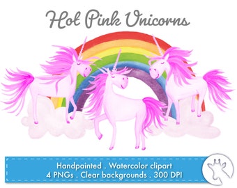 Hot pink unicorn watercolor clipart. Watercolor rainbow clipart. Hand painted files for instant download with clear backgrounds. 4 x PNGs