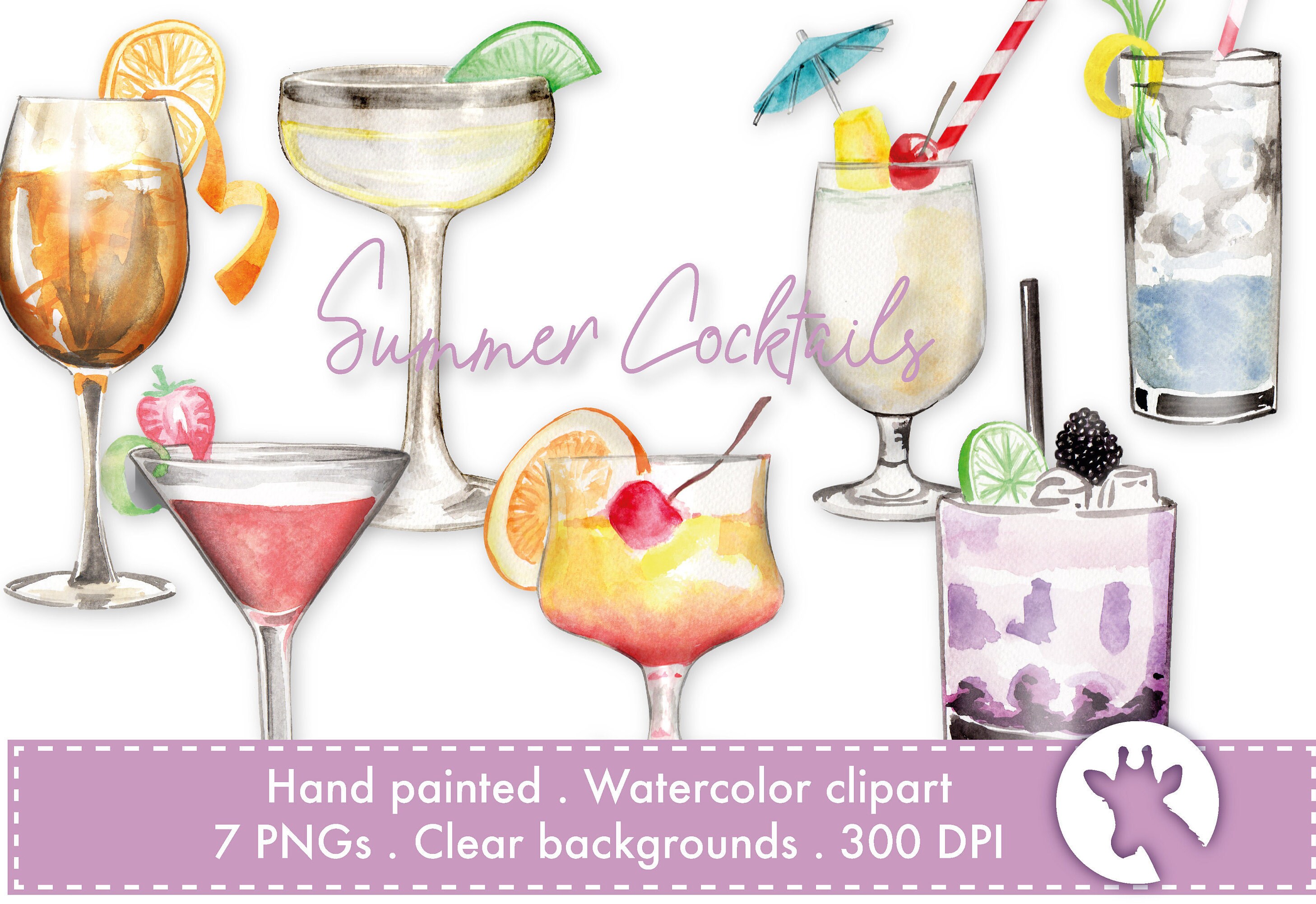 Cocktail Print Summer Drinks Clipart Watercolor Cocktail Clipart ...