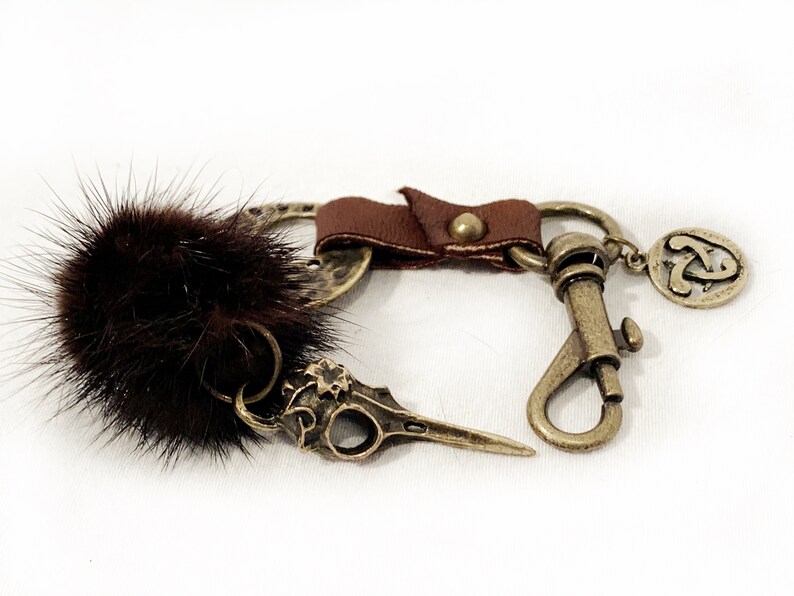 Key-hook Leather and fur Brass hook Brass bird-skull Unique accessories Viking vibes Norse Shamanic Festival Burning man Larp