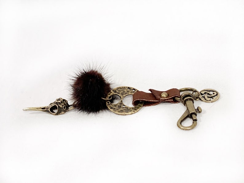 Key-hook Leather and fur Brass hook Brass bird-skull Unique accessories Viking vibes Norse Shamanic Festival Burning man Larp
