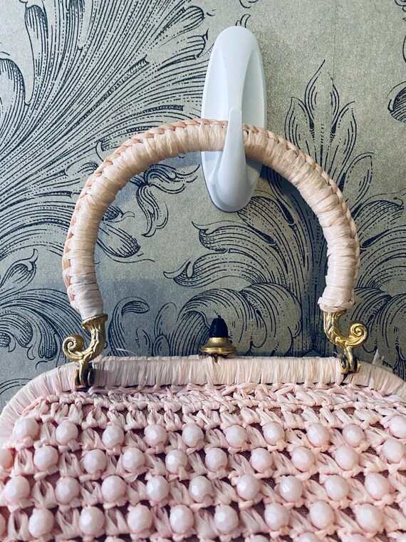 Vintage raffia beaded pink purse - image 2
