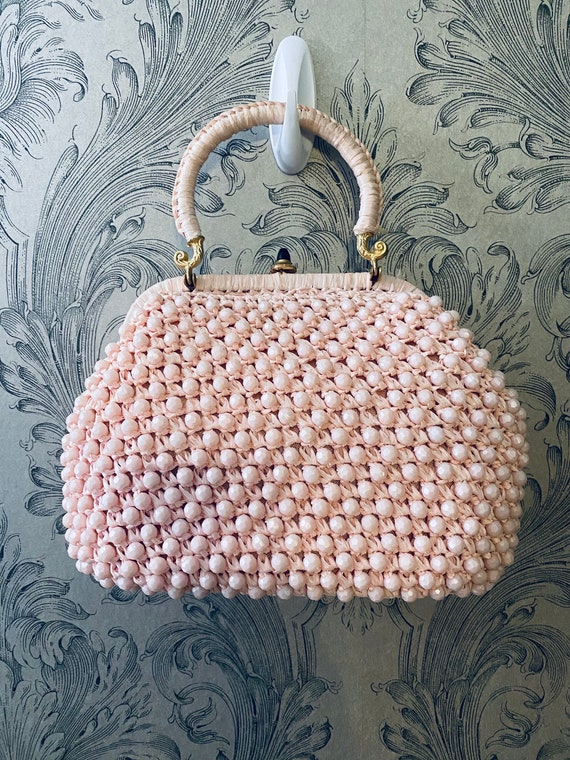 Vintage raffia beaded pink purse