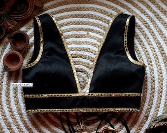 Made-to-Order Black Blended Raw Silk Saree Blouse, Deep V Neck Mirror Work DVBL_099