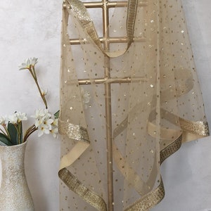 Indische Netzstola / Beige Gold Dupatta (Stola) mit Borte DVDUP_0013.