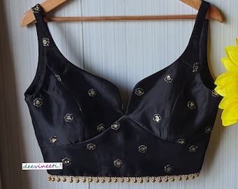 Made To Order Indian Black Silk Embroidered Saree Lehenga Blouse Sleeveless Sweetheart Neck with Ghungroo . DVBL_091