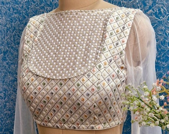 Saree Lehenga Blouse Made To Order Indian Designer Off-White and Multicolor Embroidered Georgette Boat Neck Long Sleeves