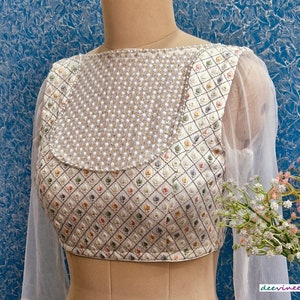 Saree Lehenga Blouse Made To Order Indian Designer Off-White and Multicolor Embroidered Georgette Boat Neck Long Sleeves DVBL_355.