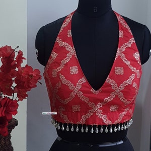 Saree Lehenga Indian Blouse Red Brocade Halter Neck Made To Order Blouse image 1