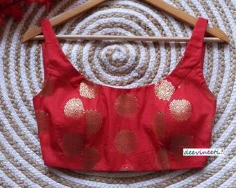 Made To Order Indian Red Brocade Silk Deep U Neck Saree Lehenga Blouse Sleeveless. DVBL_082