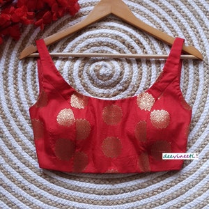 Made To Order Indian Red Brocade Silk Deep U Neck Saree Lehenga Blouse Sleeveless. DVBL_082