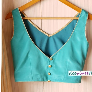 Made To Order Indian Turquoise Blue Solid Crepe Saree Lehenga Blouse V Neck. DVBL_056