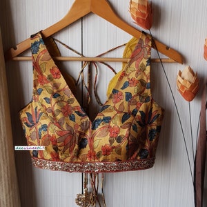 Made To Order Indian Medallion Yellow Printed Satin Silk Saree Lehenga Blouse Scallop Neck DVBL_241