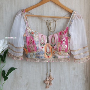 Saree Lehenga Blouse Made To Order Indian Designer White Embroidered Georgette Deep  Neck Elbow Sleeves DVBL_300