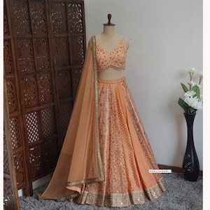 Made To Order Indian Designer Peach Silk & Organza  Lehenga Choli for Brides Bridesmaid DVMTD_0228.