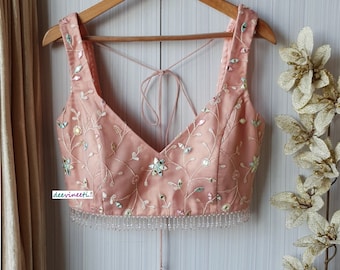 Blush Pink Embroidered Net Saree Blouse, Deep Broad Neck Sleeveless Lehenga Top DVBL_169
