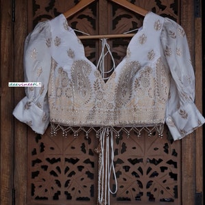 Made To Order Indian Embroidered Silk Saree Lehenga Puff Sleeves Blouse Deep Scallop Neck DVBL_227