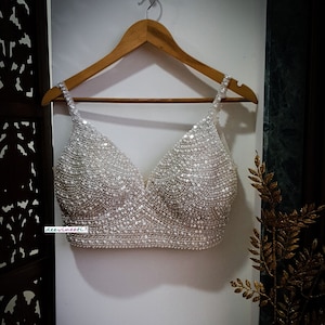 Made To Order Indian Hand Embroidered Saree Lehenga Blouse Deep V Neck Spaghetti Beads and Sequins Embroidery DVBL_268