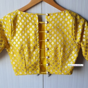 Made To Order Indian Yellow Chanderi Brocade Saree Lehenga Blouse Boat Neck Elbow Length Sleeves. DVBL_068