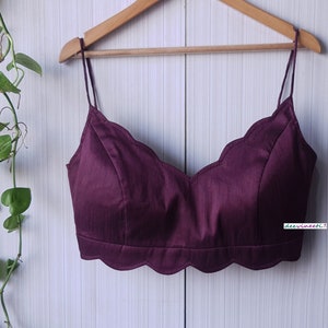 Made To Order Indian Designer Burgundy Wine Blended Raw Silk Saree Lehenga Blouse Scallop Neck  Spaghetti DVBL_281