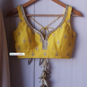 Made To Order Indian Yellow Embroidered Chanderi Lehenga Blouse Sleeveless Deep Sweetheart Neck