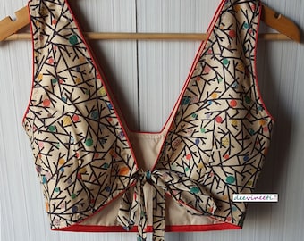 Beige Printed Khadi Silk Indian Blouse - Deep V Neck, Sleeveless DVBL_069