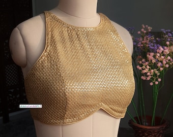 Gold Sequins Embroidered Saree Blouse, Halter Neck,  Backless Lehenga Top DVBL_306