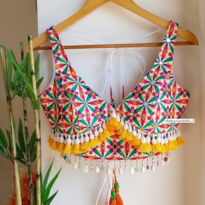 Saree Lehenga Blouse Made To Order Indian Embroidered Multicolor Cotton Silk Dandiya Blouse Deep V Neck DVBL_277