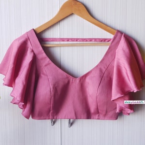 Indian Pink Art Silk Saree Blouse, V Neck Ruffled Sleeves DVBL_105