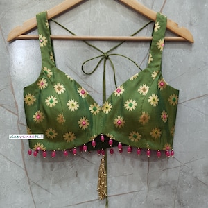 Saree Lehenga Indian Blouse Green Brocade Silk Deep Sweetheart Neck Made To Order DVBL_260