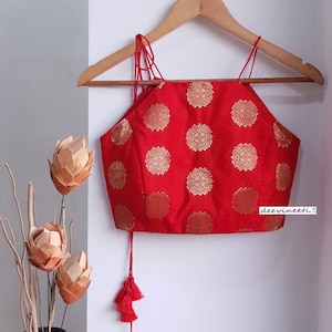 Saree Lehenga Indian Blouse Red Brocade Halter Neck Made To Order Blouse DVBL_269