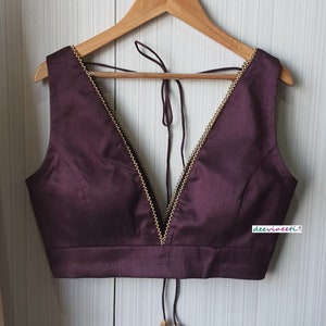 Made To Order Indian Burgundy Wine Blended Raw Silk Deep Plunge Neckline Sleeveless Saree Blouse Lehenga Blouse DVBL_110