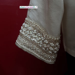 Made To Order Indian Designer Ivory Pure Dupion Silk Saree Lehenga Blouse V neck with antique hand embroidered sleeves DVBL_257