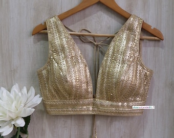 Made to Order: Indian Gold Sequin Embroidered Blouse, Plunge Neck DVBL_363
