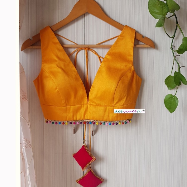 Saree Lehenga Indian Blouse Amber Yellow Blended Raw Silk Plunge Neckline Made To Order