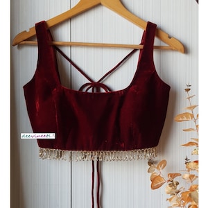 Made To Order Indian Deep Burgundy Velvet Saree Lehenga Blouse Sleeveless Deep Square Neck DVBL_144