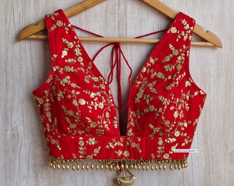 Red Embroidered Georgette Indian Blouse, Plunge Neckline DVBL_310