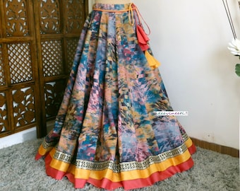 Made to Order Indian Multicolor Printed Blended Silk Lehenga Skirt for Wedding Bridesmaid Skirt Maxi Skirt