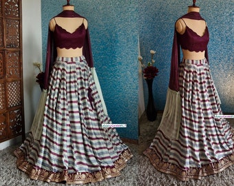 Indian Lehenga Blue Wine Striped Satin Silk Fully Flared Wedding Bridal Bridesmaid Lehenga
