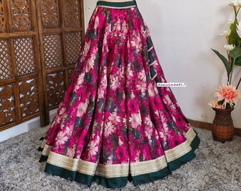 Made to Order Indian Pink Floral Print Art Satin Silk Lehenga Skirt for Wedding Bridesmaid Skirt Maxi Skirt