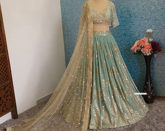 Indian Lehenga Sea Green Georgette Embroidered Fully Flared Wedding Bridal Bridesmaid Lehenga