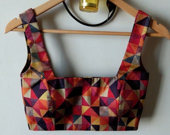 Made To Order Indian Khadi Silk Multicolor Geometric Printed Saree Lehenga Blouse. DVBL_021