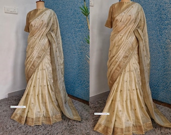 Indian Designer Light Gold Tissue Silk Saree with Made to Measure Blouse Wedding Bridesmaid