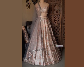 Made To Order Indian Designer Multicolor Beige Embroidered Silk Lehenga Choli for Brides Bridesmaids Sangeet